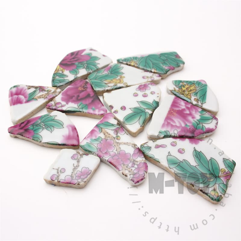 Red Green Floral Irregular Ceramic Mosaic Shard CSQ401