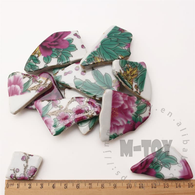 Red Green Floral Irregular Ceramic Mosaic Shard CSQ401